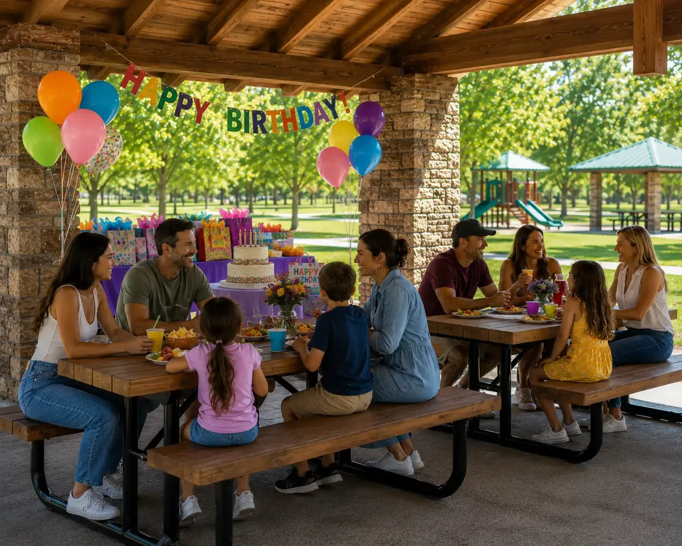 Families using wood picnic tables for a birthday party under a covered park pavilion.